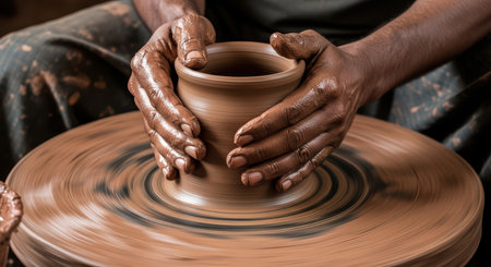 African adult creating pottery on spinning wheel with clayの素材