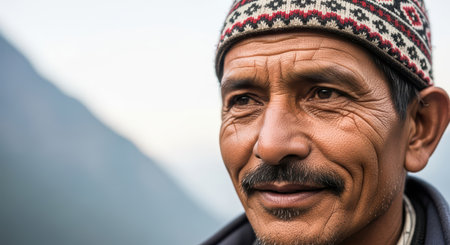 Elderly hispanic male wearing patterned beanie in mountainous landscapeの素材
