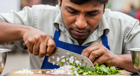 Male chef preparing ingredients with precision in kitchenの素材