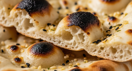Close-up of freshly baked flatbread with sesame and nigella seedsの素材