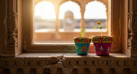 Colorful potted plants on ornate window ledge at sunriseの素材