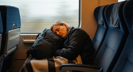 Young caucasian female sleeping on train with backpack and blanketの素材