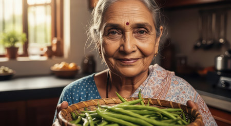 Elderly asian woman holding green beans in kitchen with warm smileの素材