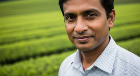 Smiling adult asian male in plaid shirt standing in vibrant green fieldの素材