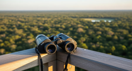 Binoculars on viewing platform overlooking expansive forest landscapeの素材