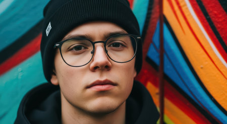 Young caucasian male with glasses and beanie in front of colorful urban muralの素材