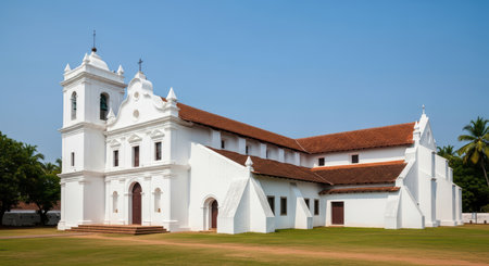 Historic white church with red roof and bell tower in lush tropical settingの素材