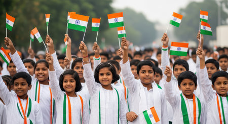 Indian children celebrating independence day holding flags in unityの素材