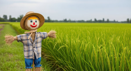 Colorful straw scarecrow in lush green field on cloudy dayの素材