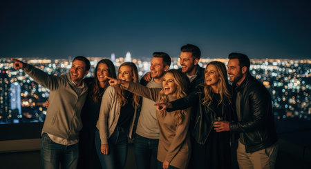 Group of caucasian friends enjoying night skyline on rooftopの素材