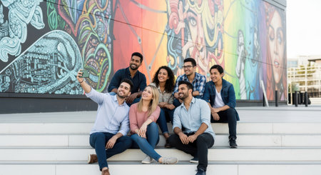 Group of young diverse adults taking selfie in front of colorful urban muralの素材