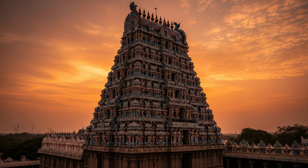 Ancient dravidian temple gopuram at sunset with intricate carvingsの素材