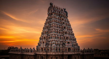 Majestic south indian temple gopuram at sunset with intricate sculpture detailsの素材