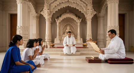 Hindu priest teaching young asian children in temple ceremonyの素材