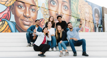 Diverse group of young adults taking selfie with colorful mural backgroundの素材