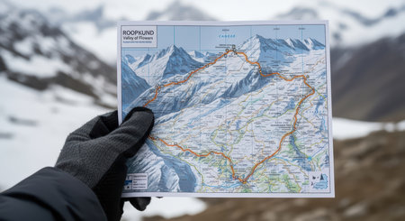 Gloved hand holding map of roopkund valley route in snowy mountain landscapeの素材