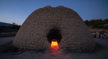 Traditional stone charcoal kiln at dusk with glowing interior in remote landscapeの素材