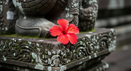 Red hibiscus on ancient stone carving in peaceful asian garden settingの素材