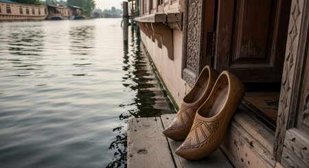 Wooden clogs on rustic houseboat deck overlooking calm serene waterの素材