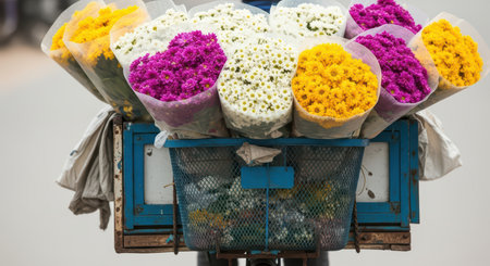 Colorful flower bouquets in bicycle basket on streetの素材