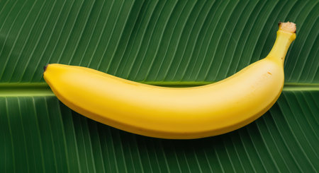 Fresh yellow banana on green leaf background showcasing vibrant natural colorsの素材