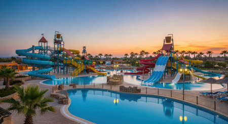 Colorful water park at sunset featuring multiple slides and poolsの素材