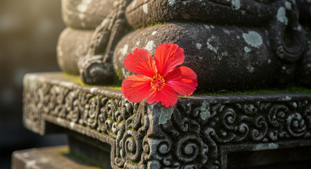 Red hibiscus on ancient stone sculpture capturing tranquil beautyの素材