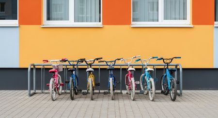 Row of colorful bicycles parked outside a vibrant buildingの素材