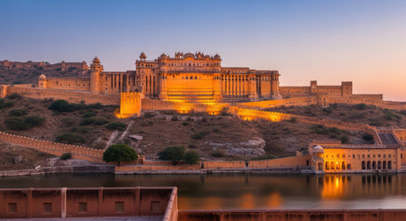 Majestic amber fort at sunset in jaipur - historic architecture and landscapeの素材