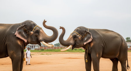 Asian elephants facing each other with man nearby on open fieldの素材