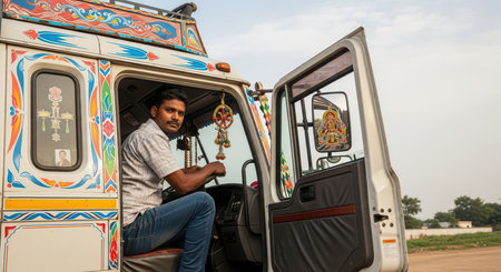 Young asian male truck driver in painted truck cabin, indiaの素材