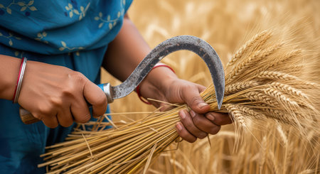 Female farmer harvesting wheat with sickle in golden fieldの素材