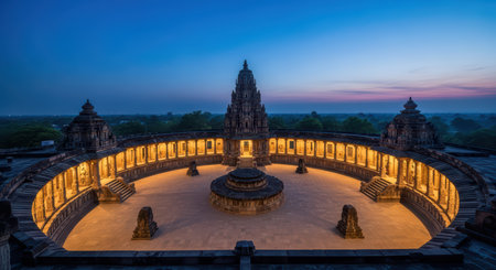 Illuminated ancient temple at dusk featuring majestic architecture and serene landscapeの素材