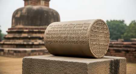 Ancient stone script with inscriptions at historic monument siteの素材