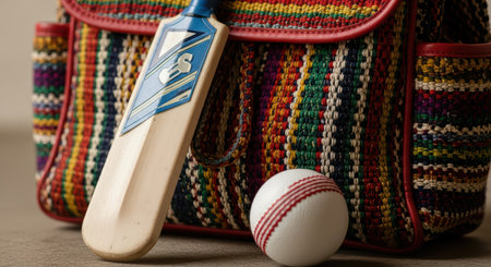 Cricket bat and ball with colorful bag displayの素材