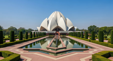 Lotus temple architecture with reflective pool and lush garden in new delhiの素材