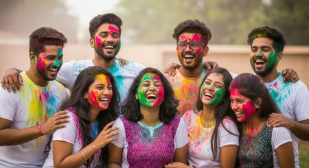 Group of young asian adults celebrating holi with joyful colorful facesの素材