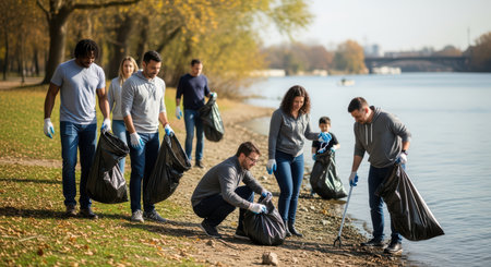 Diverse group volunteering for river cleanup on a sunny dayの素材