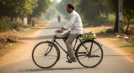 Asian male adult riding bicycle on rural road with trees and groceriesの素材