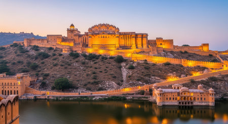 Majestic amber fort illuminated at sunset in jaipur, indiaの素材