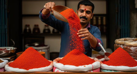 Hispanic male adult organizing vibrant colorful market spice displayの素材