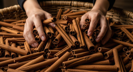 Hands sorting cinnamon sticks in woven basketの素材