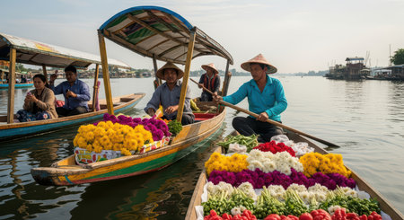 Vibrant floating market with asian flower and vegetable vendors on boatsの素材