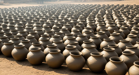 Rows of handmade clay pots drying in sunlit outdoor pottery workshopの素材