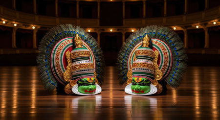 Colorful kathakali masks on wooden stage in traditional indian theater settingの素材