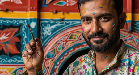 Asian male artist holding paintbrush in front of colorful painted backgroundの素材