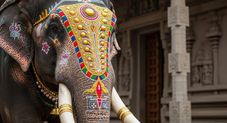 Ornately decorated elephant in front of traditional temple architectureの素材