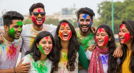 Group of young asian adults celebrating holi with colorful faces and joyful smilesの素材