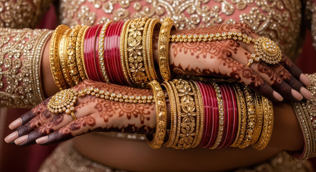 Intricate henna and golden bangles on female hands wearing embroidered blouseの素材
