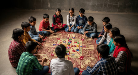 Asian children playing traditional game sitting in circle on carpetの素材